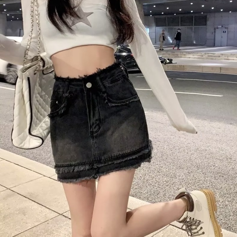 Picture of Black High Waist Denim Skirt Skirt Women's Summer Slim A- line Pants Skirt Small Skirt Hip Skirt