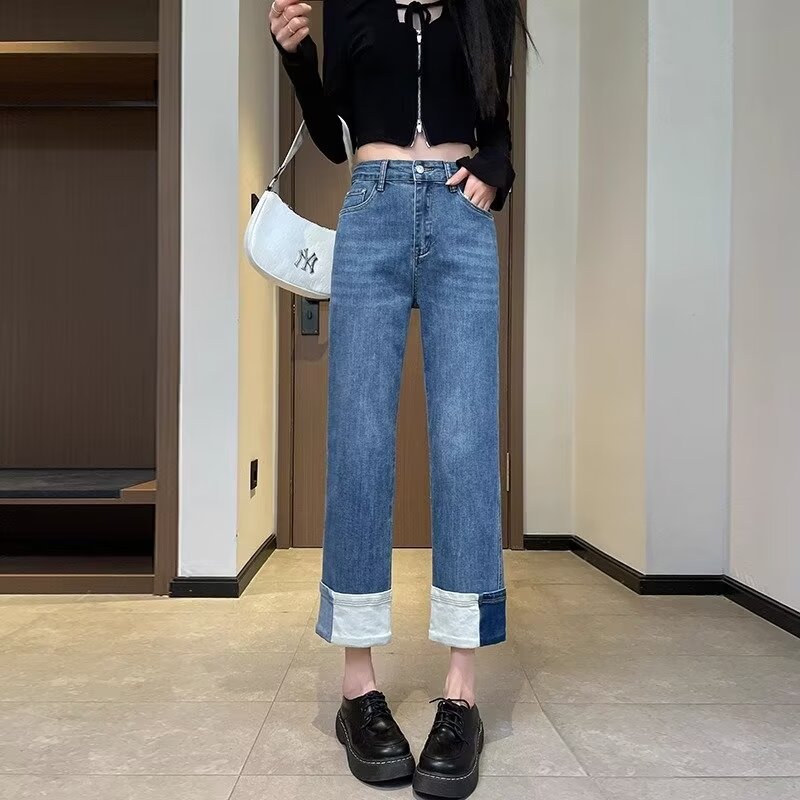 Contrast Color High Waist Straight Jeans Women's Loose Design Sense 2024 Summer New Retro Cropped Smoke Tube Pants
