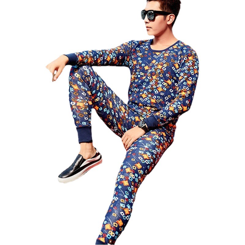 New Men's Fashionable Thermal Underwear suit Thickened fleece-lined Classic Printed Autumn and Winter Thickened Autumn Clothes and Pants for Men