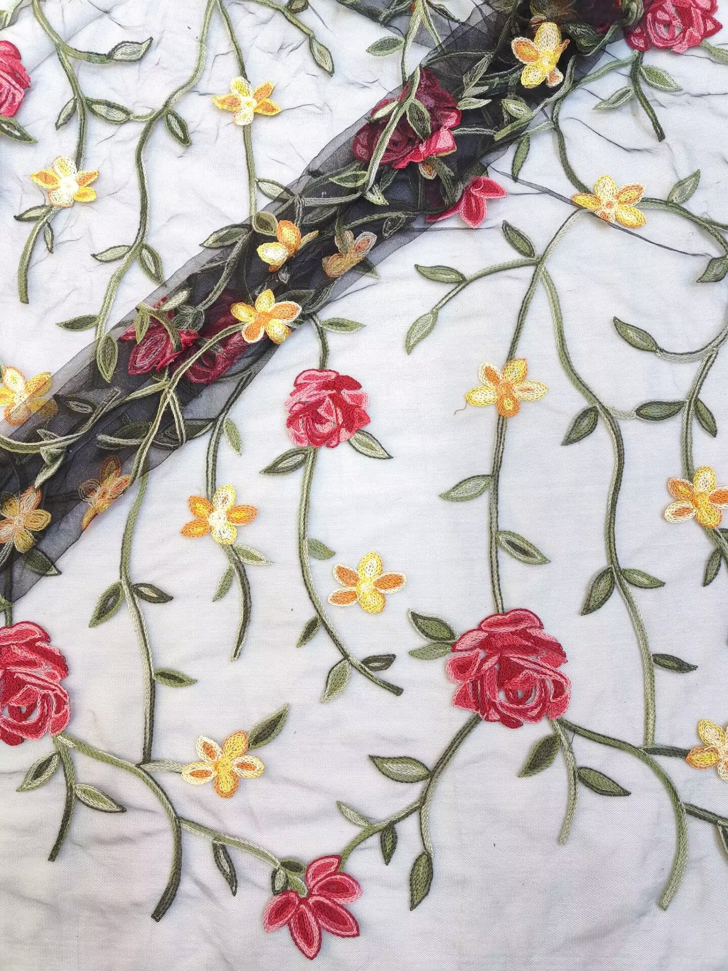 Picture of Mesh lace fabric, colorful three-dimensional rose embroidery, soft and skin-friendly women's and children's skirts, lace fabric
