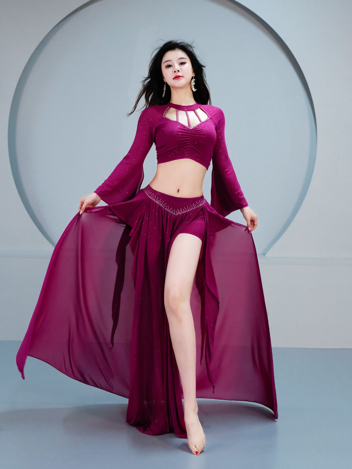 Dancer Belly Dance Clothing Spring and Summer New Suit Long-Sleeved Practice Clothes Fairy Lotus Leaf Streamer Practice Class Uniform 5076