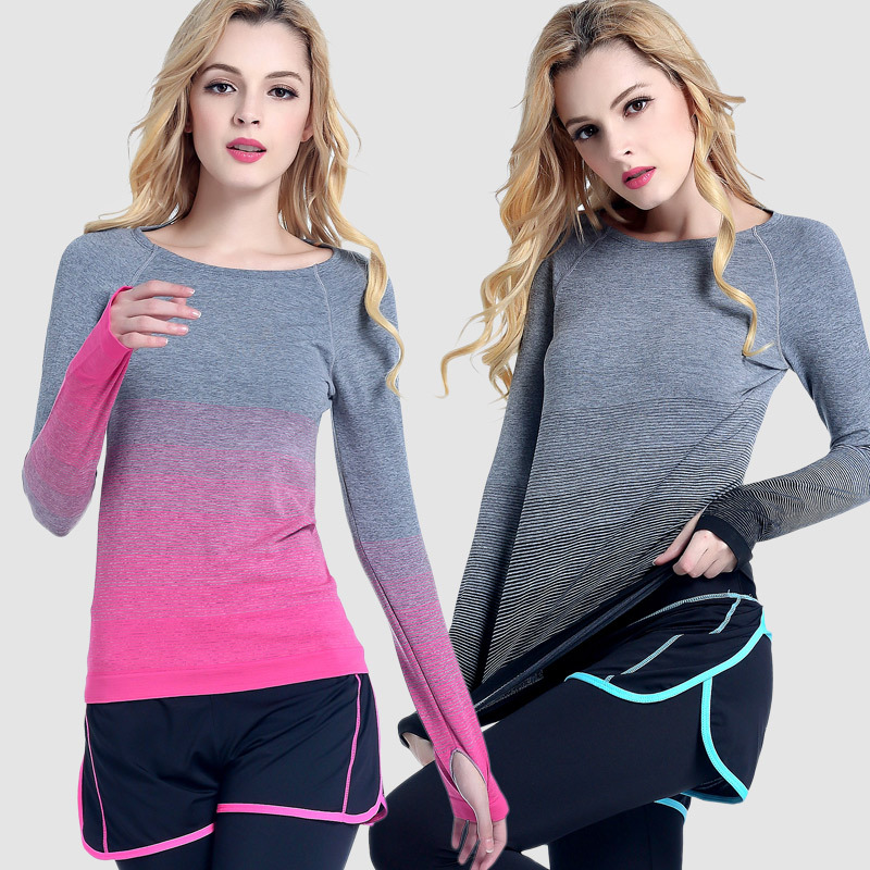 Sports Long-Sleeved Women's Gradient Color Sports Tops T-Shirts Running Quick-Drying Yoga Round Neck Spring and Autumn Fitness Clothes Sweat-Absorbent Wholesale