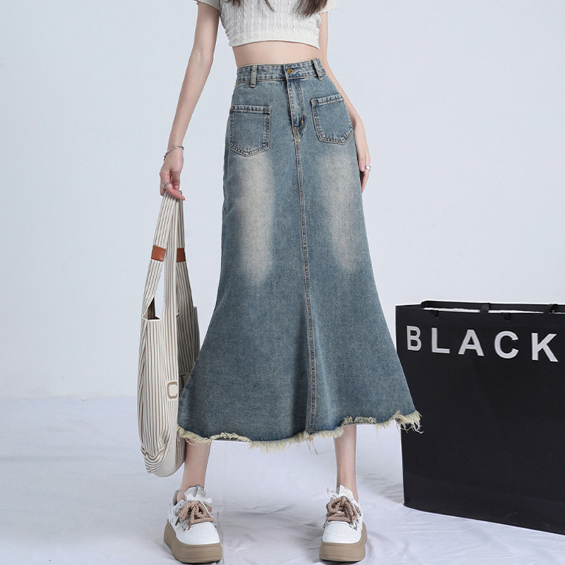 Hip Half-length Denim Skirt Women's Ins Trendy Retro High Waist Design Sense Hair Edge Niche Fishtail A- Line Mid-length Skirt