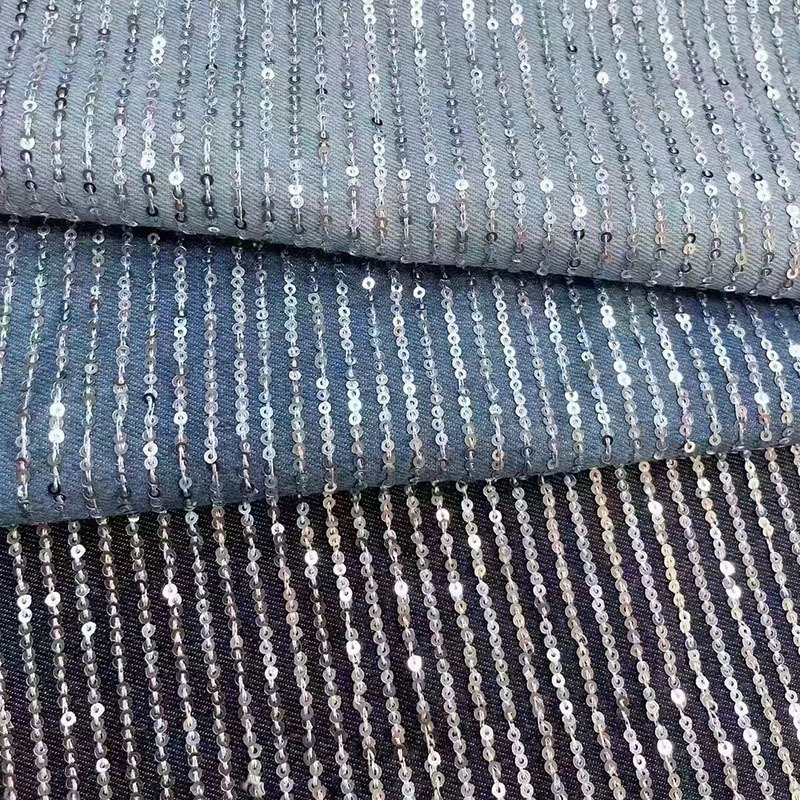 2025 New Beaded Denim Fabric for Export, Exclusively for Dresses, Pants, Coats, and Jackets, Embroidered Sequin Fabric in Stock