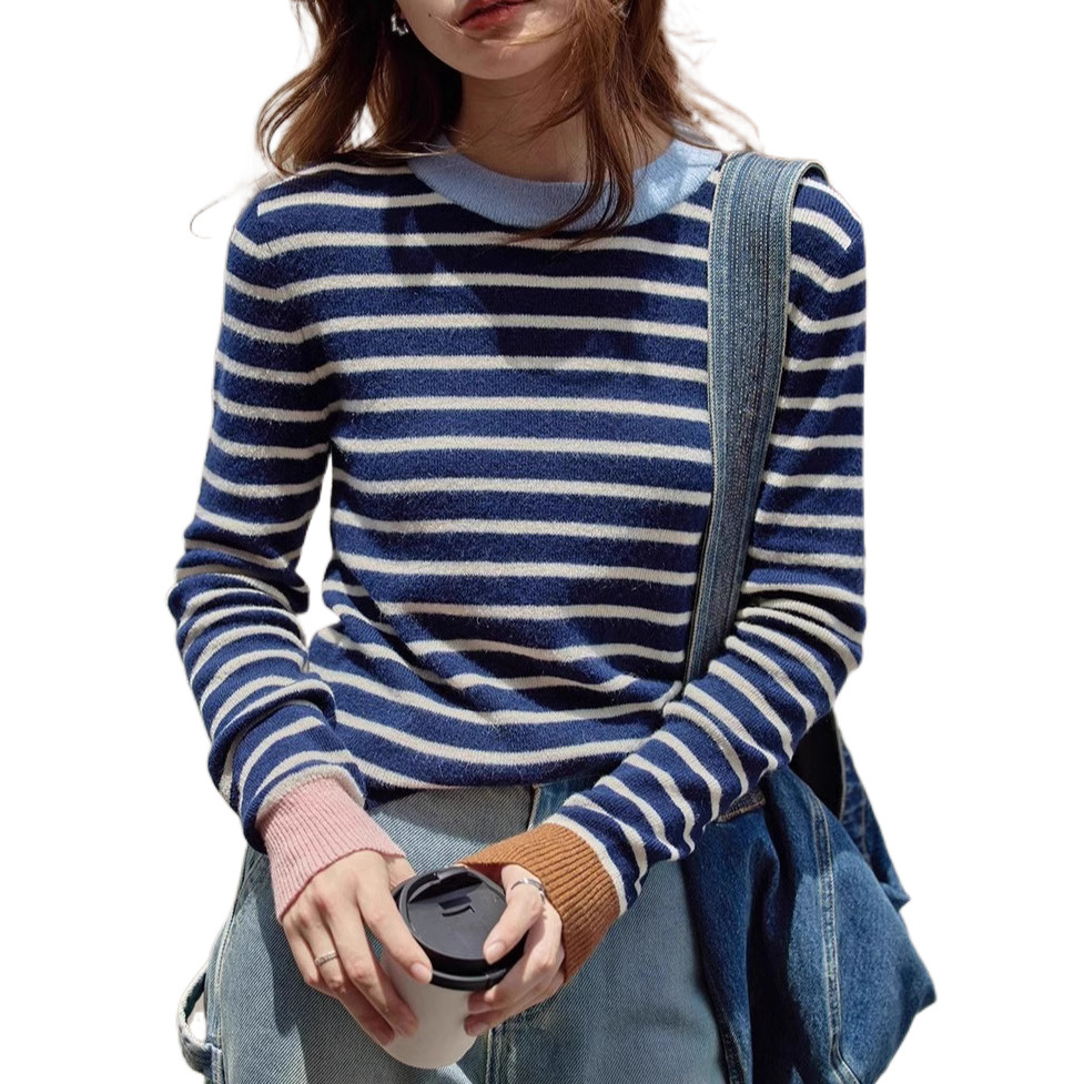Picture of 1313 Chic Blue Striped Merino Wool Alpaca Base Sweater Soft Waxy Sweater