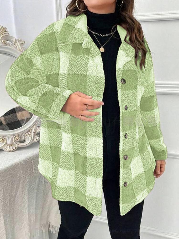 2024 Autumn and Winter New European and American Women's Clothing Stuffed Plaid Cardigan Lapel Pocket Loose Jacket