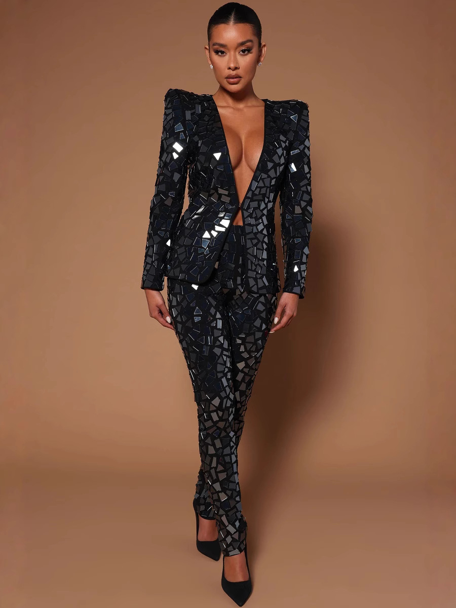 Cross-border European and American High Quality Black Acrylic Decorative V-neck Suit suit Fashion Sequin High-grade Suit Women