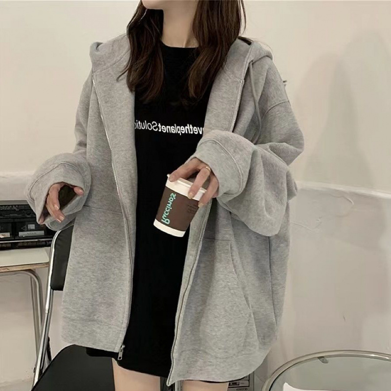Picture of Hooded Sweater Jacket Women's 2024 New Retro Spring Autumn Winter fleece-lined Thickened All-match Loose Zipper Casual Cardigan