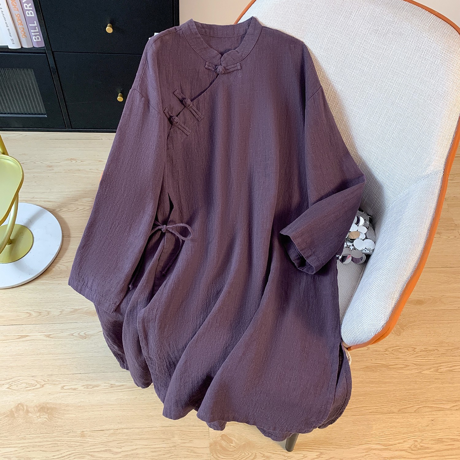 Real shot 2025 new commuter Chinese art plate button lace-up cotton and linen shirt long Zen tea suit stand collar top
