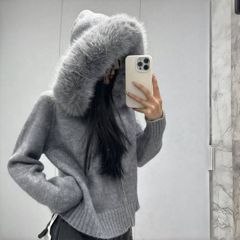 Picture of 25 Autumn/Winter New Fashionable Short Knitted Cardigan with Hood, Stylish and Trendy, Small Size, Faux Fox Fur Collar, Women's Sweater Coat