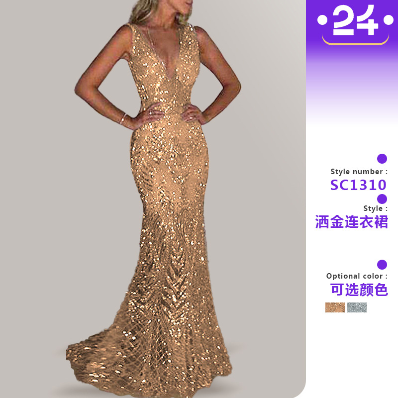 Amazon Annual Meeting Evening Dress Women's Long Sleeveless Foreign Trade Women's Amazon Sexy Deep V Sequin Dress Women