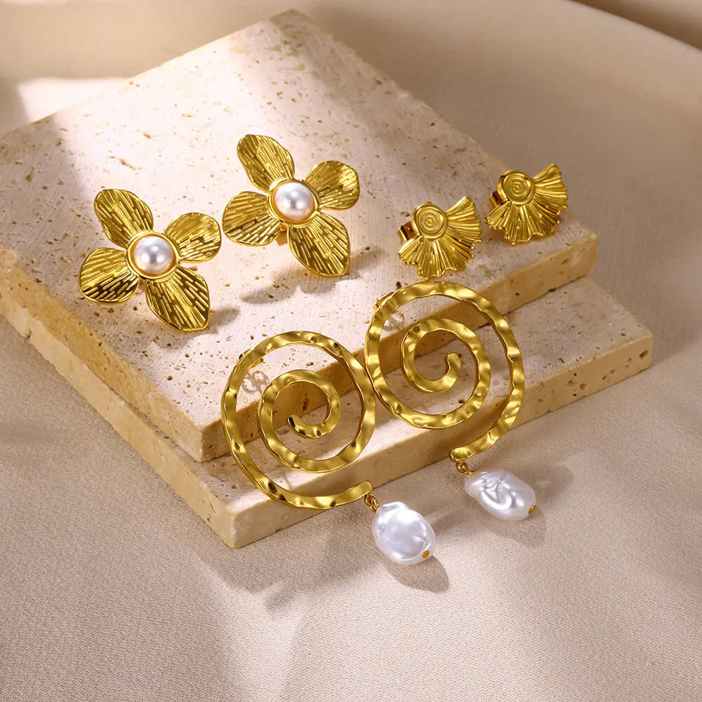 Cross-border new ins style fashion imitation pearl earrings 18K gold stainless steel earrings women's light luxury titanium steel petal earrings