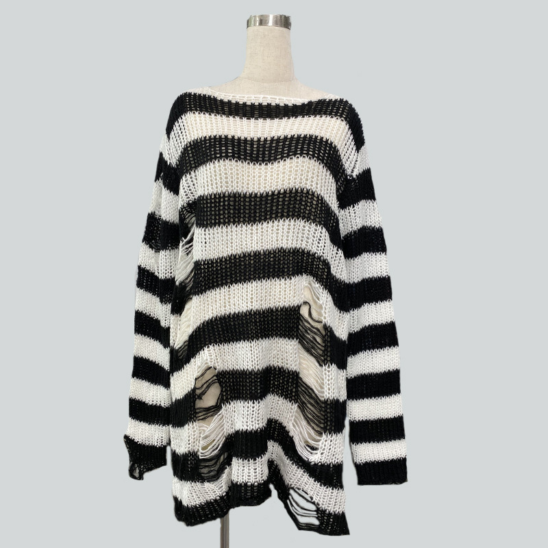 Picture of Mohair New European and American Export Loose Stripesd Knitwear Women's Mid-Length Pullover Hole Thin Cross-Border Knitwear