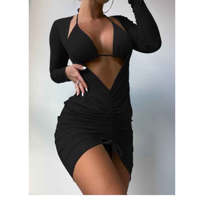 2023 Amazon New Mesh Long Sleeve Sun Protection Three-Piece Swimsuit Sexy Cross-Border Beach Bikini Swimsuit