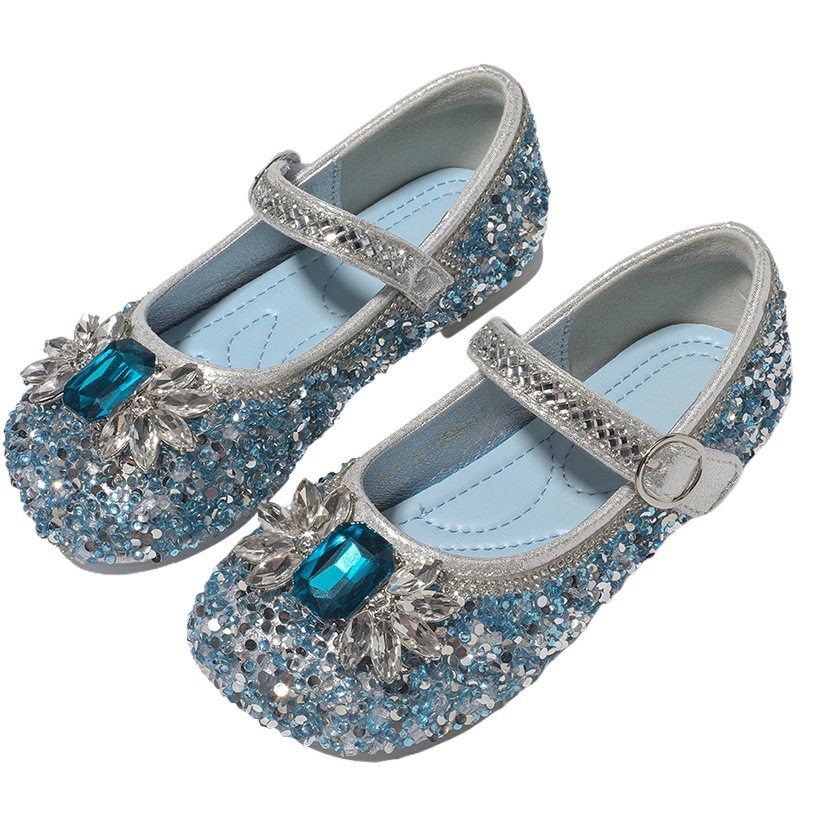 Girls Princess Shoes 2025 Spring and Autumn New Rhinestone Shiny Elsa Catwalk Shoes Non-Slip Soft Sole Girls' Peas Shoes