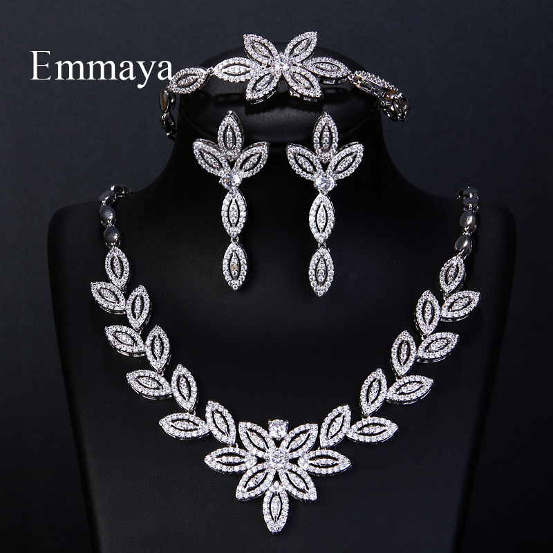 ebay Best Selling European and American Fashion Jewelry Leaves Tour Three-Piece Bridal Zircon Set Female Factory Outlet