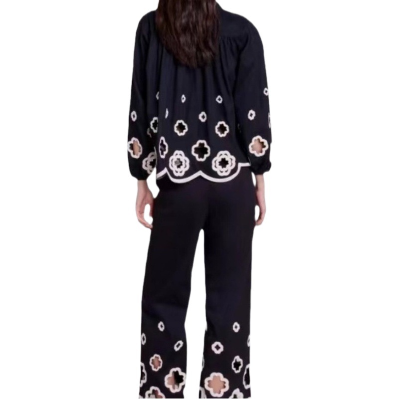 2024 spring and summer hollow flower design bubble sleeve symmetrical high-grade black cotton shirt two-piece set