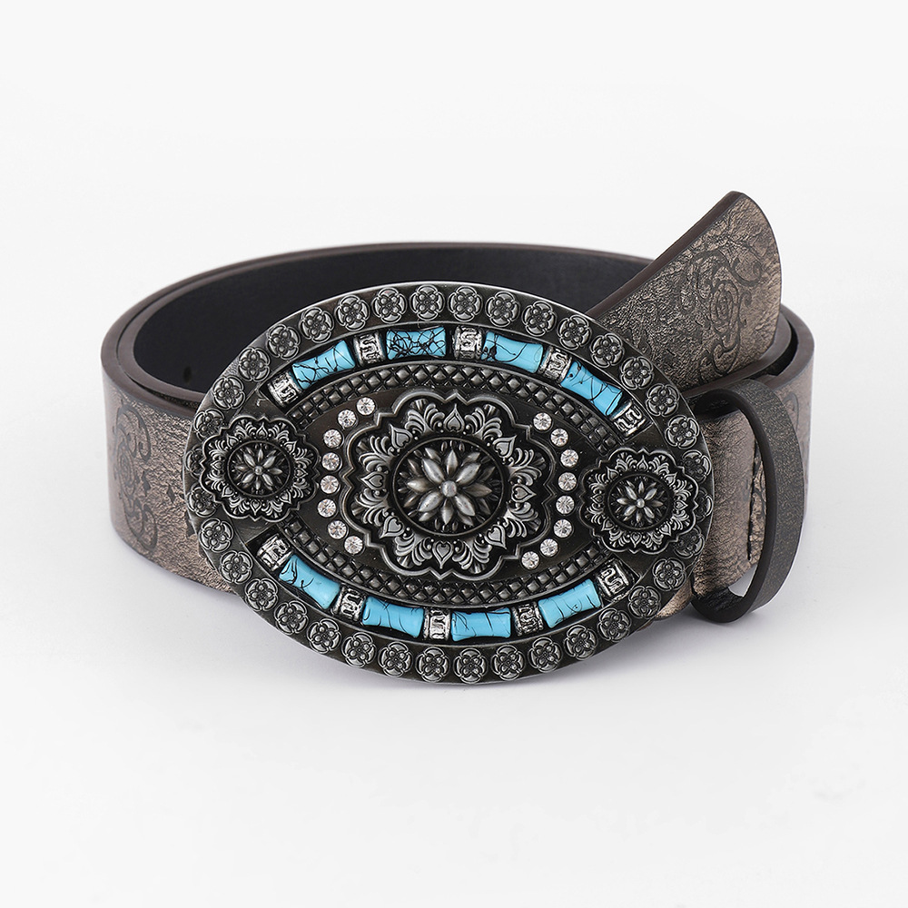 European and American Cross-Border Women's Belt, Retro, Versatile, Fashionable, Simple and Personalized, Diamond-Encrusted Sapphire Belt, Carved Style