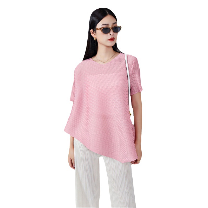 Ironing-Free Travel All-Match Miyake Short-Sleeved T-Shirt Women's Summer Thin Solid Color Loose Irregular Pleated Top for Women
