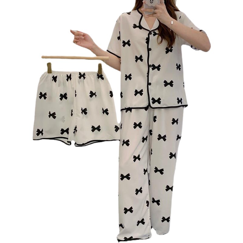 Pajamas Women's Three-Piece Ice Silk Spring and Summer Fresh and Sweet Internet Celebrity Live Hot Short-Sleeved Pants Home Clothes for Hair