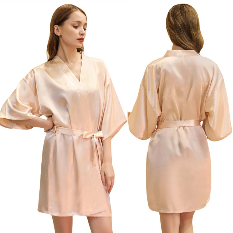 Picture of Amazon Cross-border Women's Twisted Sade Nightgown Bathrobe Solid Color Glow Summer Thin Sexy Short Cardigan Gown
