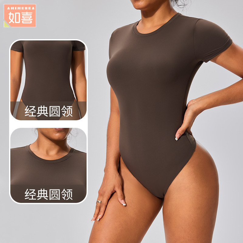 Picture of Inner Short-Sleeved T-Shirt Jumpsuit with Hidden Buckle Sports Tight Hip Base Shirt Yoga Clothes SSKIMSk Body Shaping Clothes