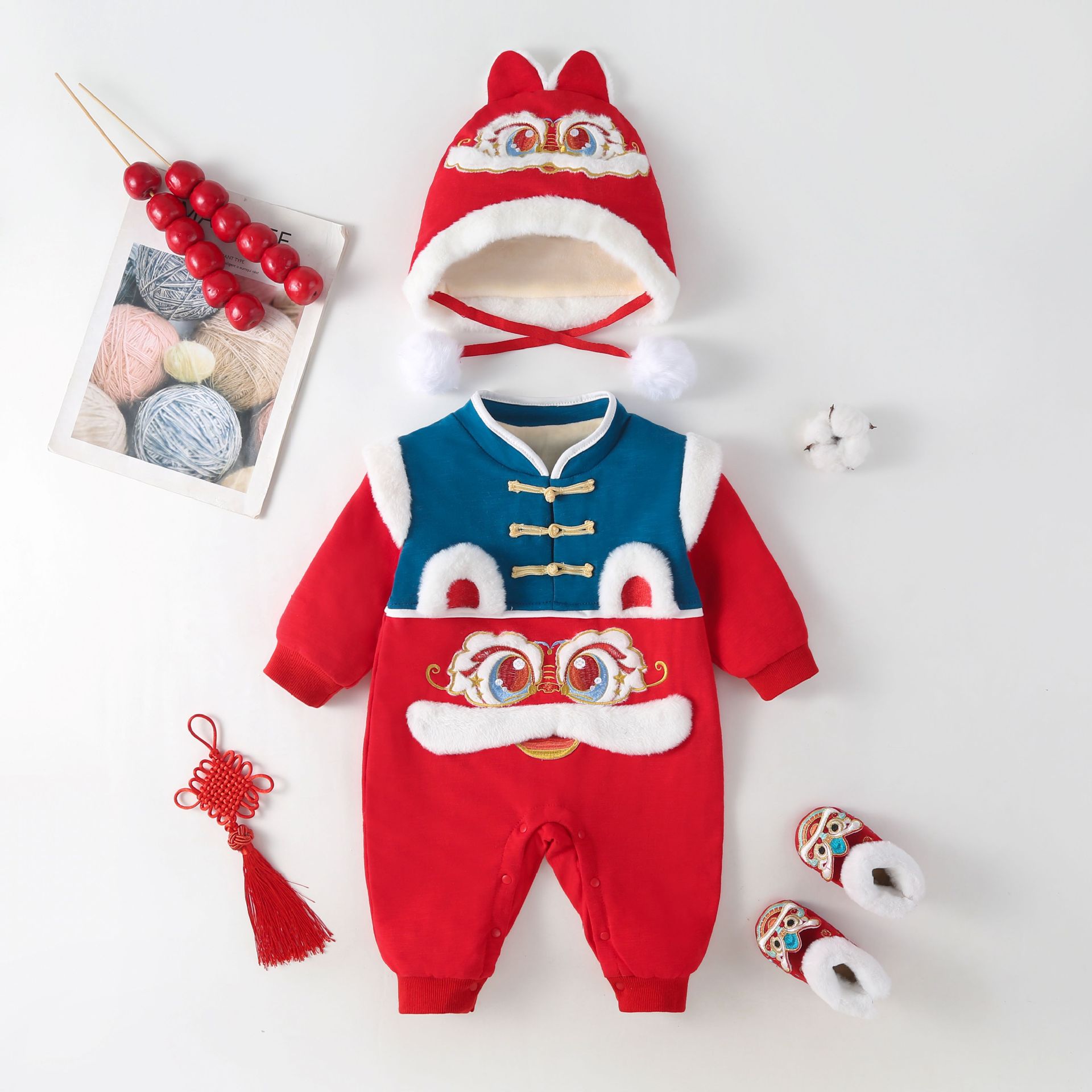 Picture of Chinese style winter baby romper New Year romper male and female baby double layer fleece-lined thickened Tiger year sweater New Year greeting clothes