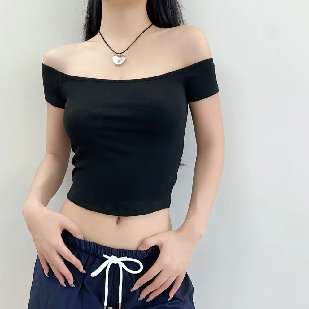Pure Spice Girl Collarbone Short-sleeved T-shirt Sweet Cyber Celebrant Sexy Figure Slim-fit Jacket with Collar