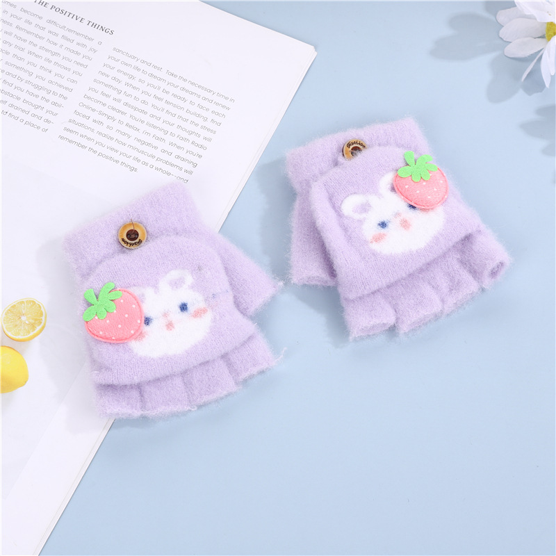 Five Finger Flip Writing Knitted Cold-proof Windproof Gloves for Little Girls Children Long Ear Rabbit Cute Warm Thickened Gloves