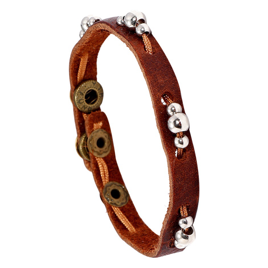 European and American retro beaded leather bracelet alloy four-in-one buckle cowhide bracelet jewelry accessories manufacturers wholesale