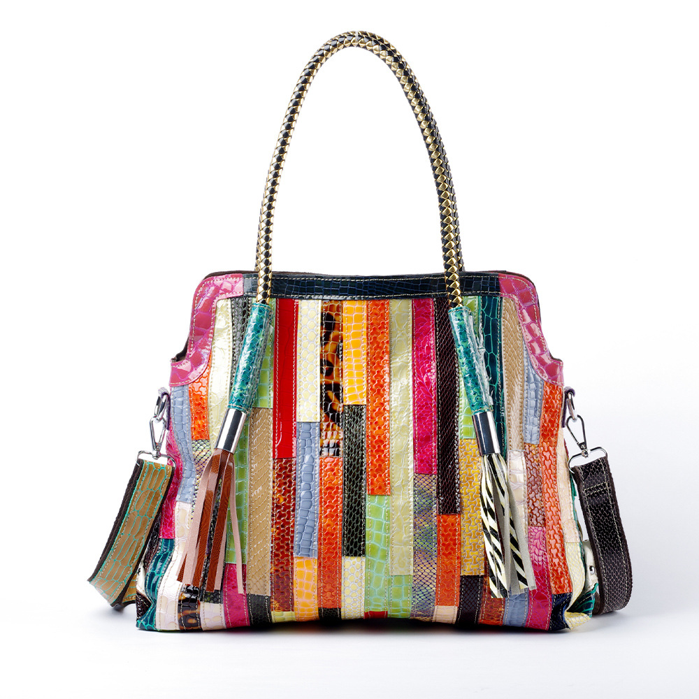 Fashion Snake Tote Bag Stitching Bright Leather Striped Contrast Tassel Bag Genuine Leather Women's Shoulder Crossbody Bag Women's Bag