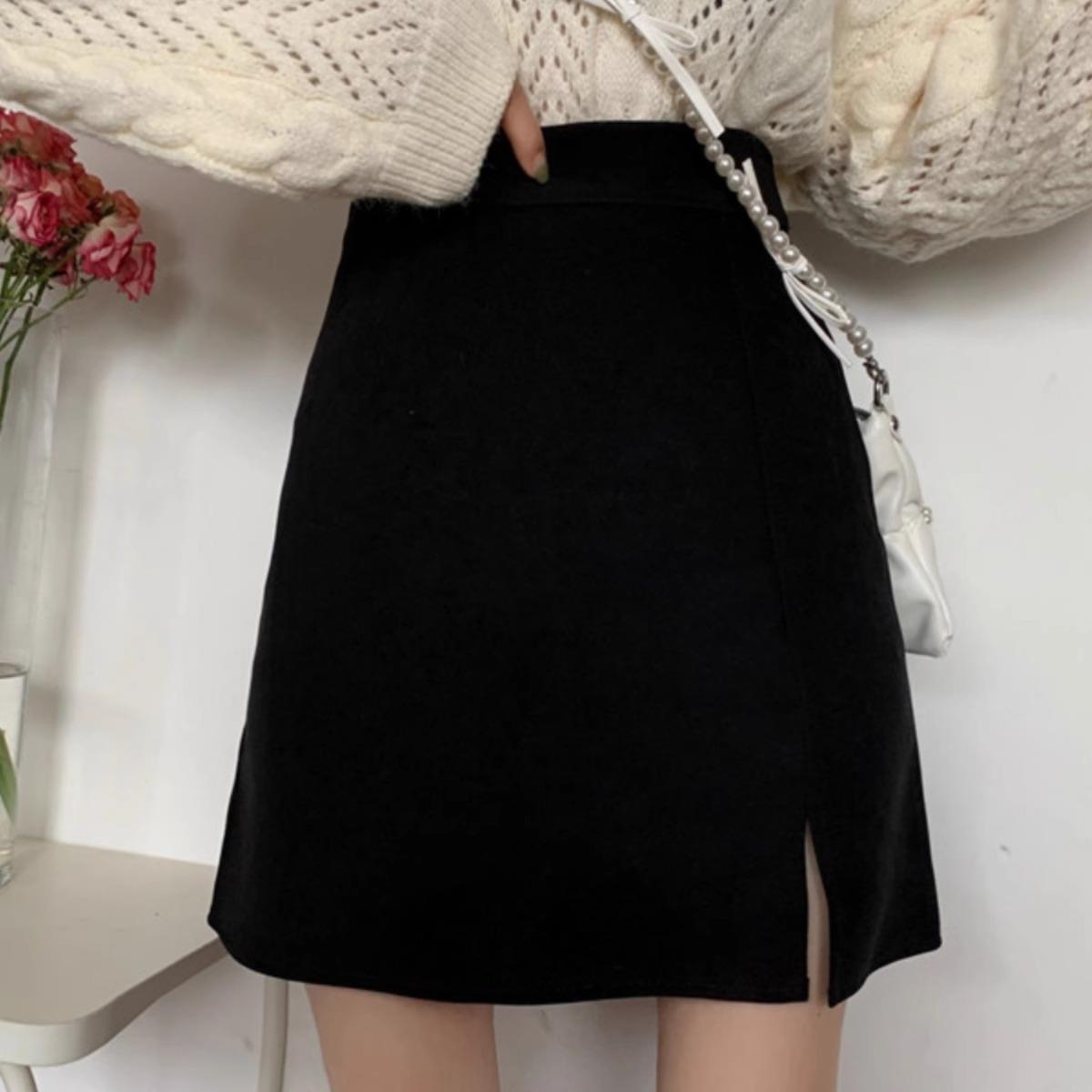 Autumn Fashion Black Split Skirt Women's 2024 New College Style A- line Skirt Hip Skirt High Waist Slimming