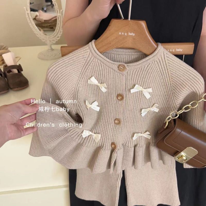 Casual Children's Wear Girls suit New Style Sweater Bow Knitted Cardigan Top Pants Two-piece Set