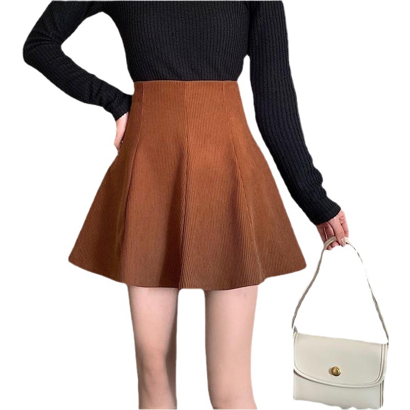 Milk brown corduroy skirt for women 2024 autumn and winter New High waist A- line short skirt with sweater