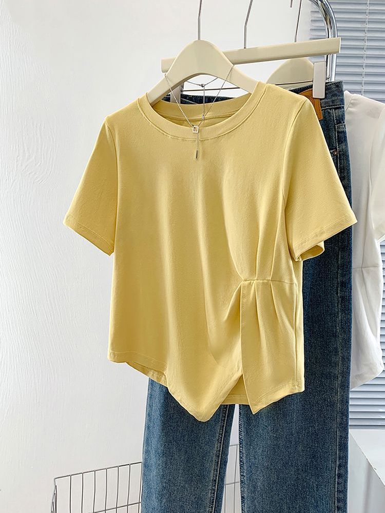 Summer Irregular Split Design Pure Cotton Short-sleeved T-shirt chubby girl plus size Belly-covering Slimming Women's Top 100.00kg