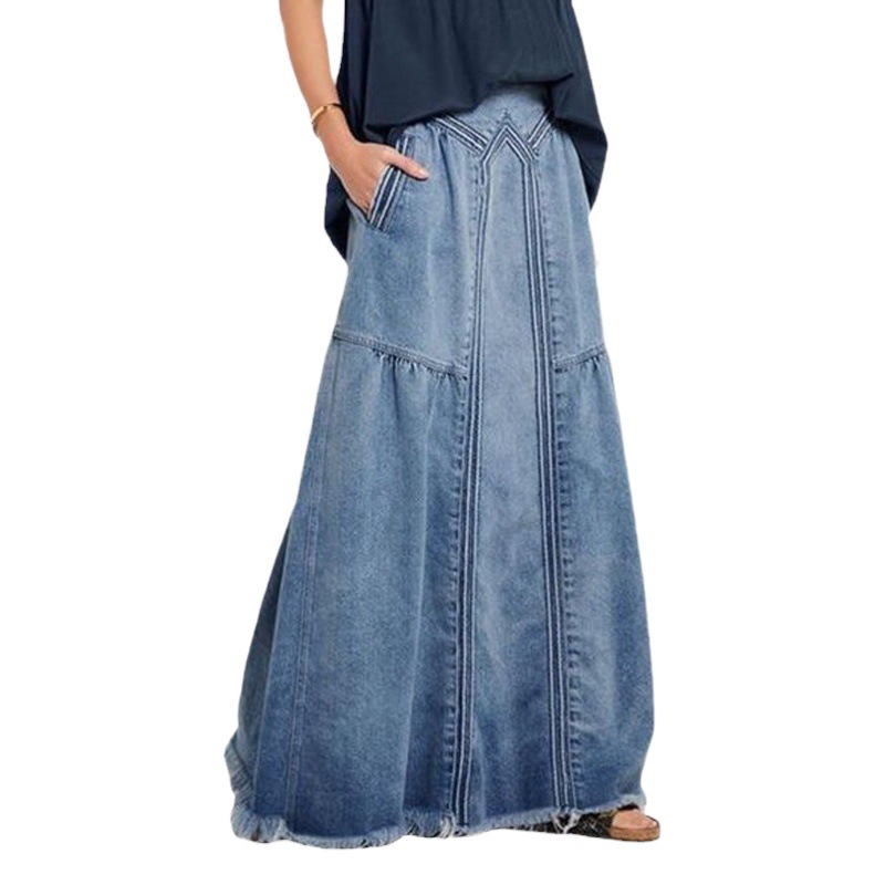 Cross-border American-style Elegant A- line Long Dress 2025 Spring and Autumn Casual Comfortable Denim Skirt Gradient Color-matching Skirt