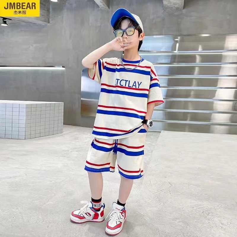 Picture of Children's Boys Summer Suit Korean Style Stripesd 2025 New Internet Celebrity Thin Short-Sleeved Clothes Cool Trendy Kidsren's Two-Piece Set
