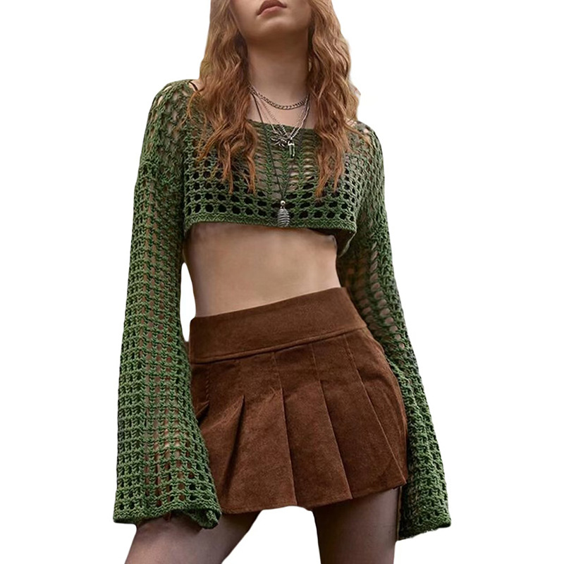 European and American Cross-Border Women's Casual Knitted Hollow Blouse Short Bell-Sleeved Pullover One-Line Collar Loose Knitted Sweater