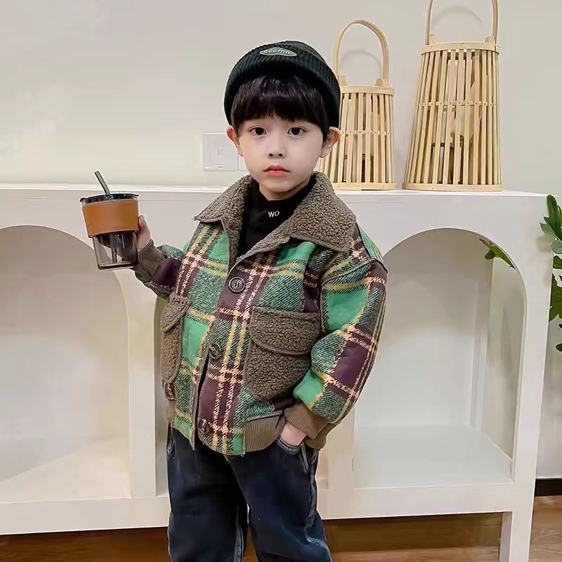 Boy's Coat Woolen fleece-lined Spring and Autumn Children's Winter Lambskin Handsome Baby's Thin Fleece Fashionable Plaid Coat