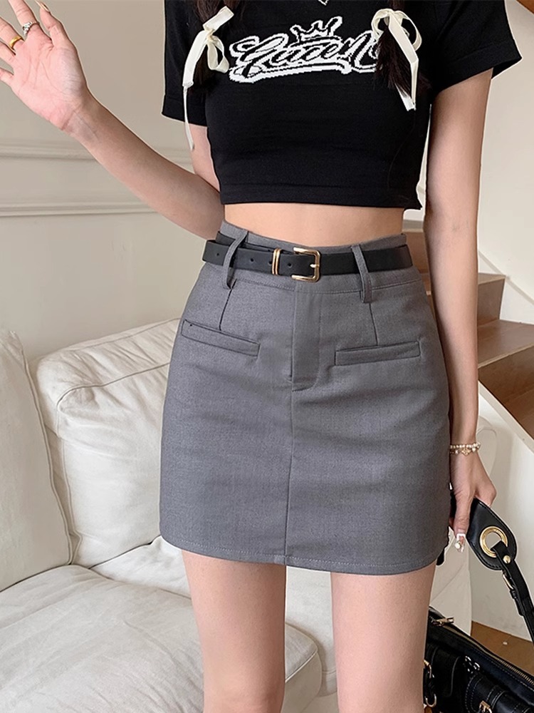 Grey Suit Skirt Women's 2024 Spring New High Waist Slimming Fashion Skirt Design Sense American Style Wrapper Skirt