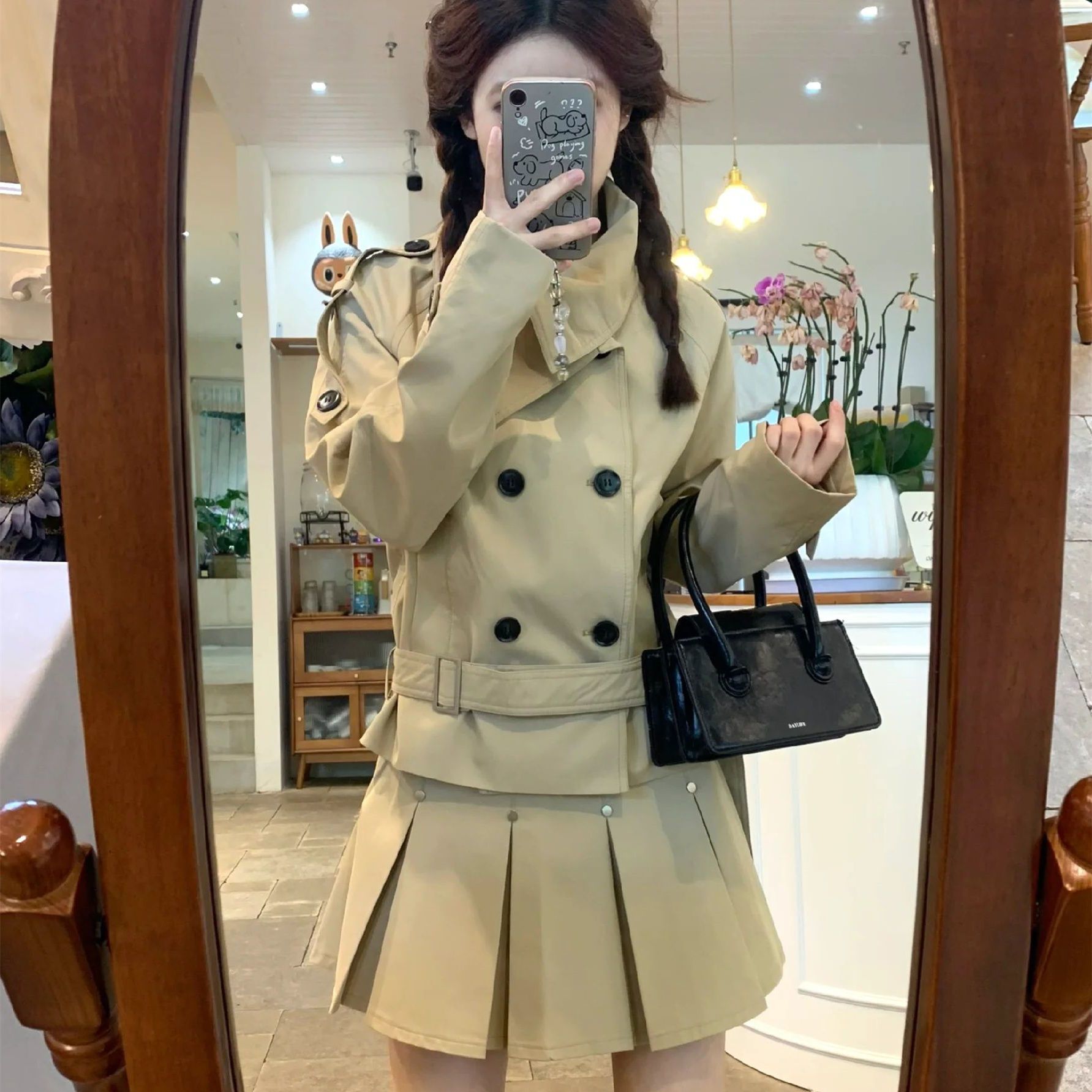 khaki Double-breasted Coat Short Coat Women's Spring and Autumn Elegant Fashion suit Pleated Half-length Skirt Two-piece Fashionable Set