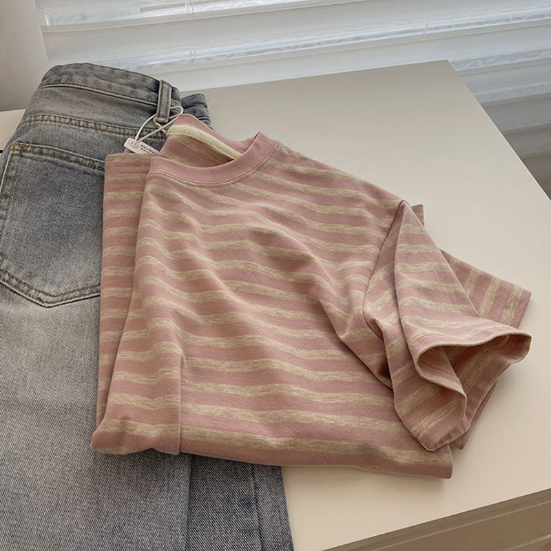 2025 New Summer Stripesd T-Shirt Women's Short-Sleeved Loose Japanese Style Simple Cotton Pullover Top