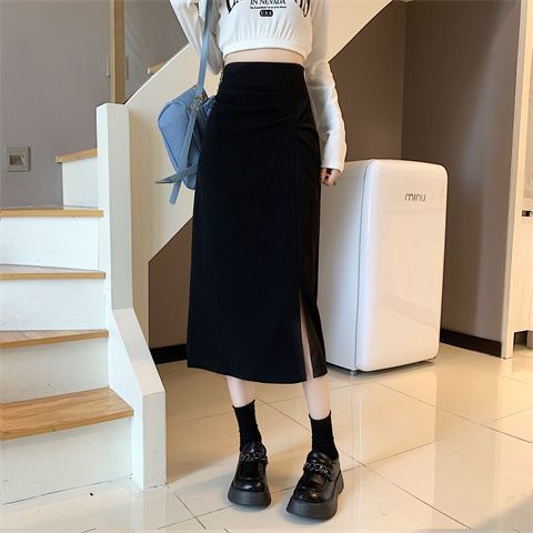 Picture of Summer Popular Large Size Chubby Girl Black Skirt Women's High Waist Slimming Mid-length Pleated Split A- Line Hip Skirt