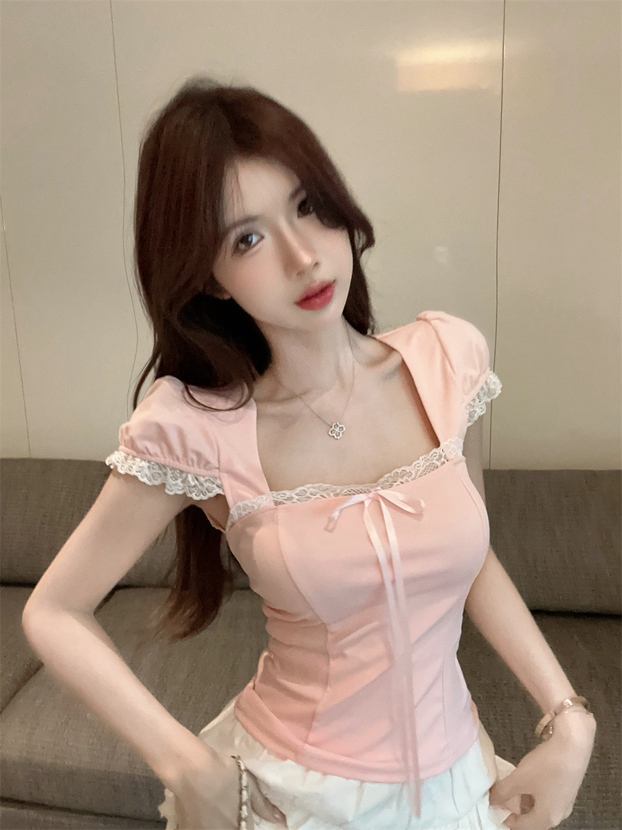 Picture of Pure Sweet Spice Girl Puff Sleeve Fish Bone Top Women's Summer Slim-fit Pink Square Collar Lace Stitching Chic Short Sleeve T-shirt