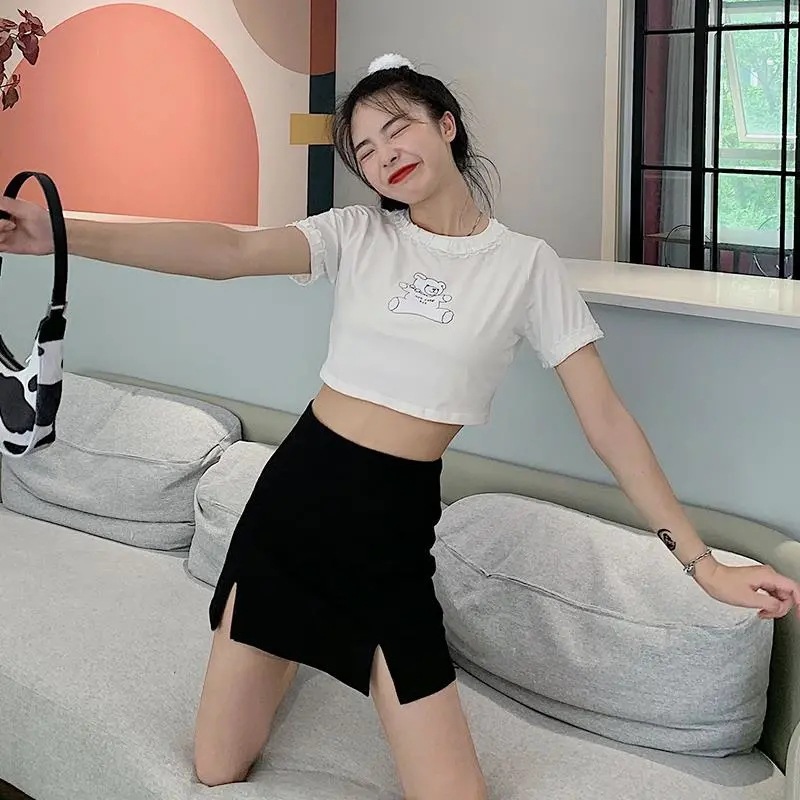 Women's Skirt 2022 Summer New Black High Waist Anti-Light Split A- Line Skirt plus size Slim-Fit Hip Skirt