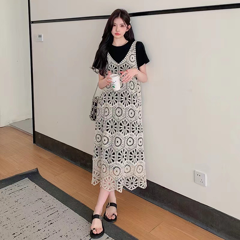 New Heavy Industry Crochet Flower Atmosphere Full ~ Retro Contrast Crochet Flower Vent Dress A- shaped Strap Dress