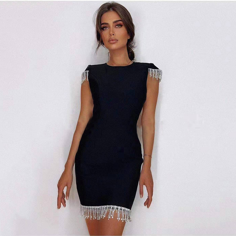2022 European and American cross-border ladies solid color rhinestone sexy backless temperament mini tassel evening dress bandage dress