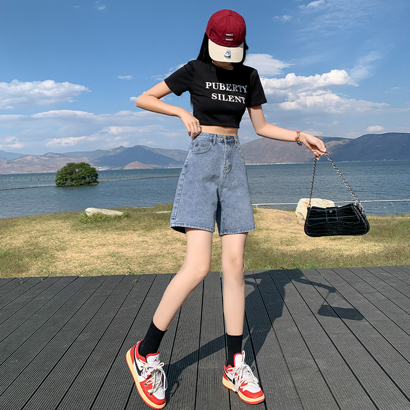 5040 Hong Kong Style High Waist Slimming Five-point Straight Jeans Women's New Spring and Summer Loose All-match Hot Pants Jeans