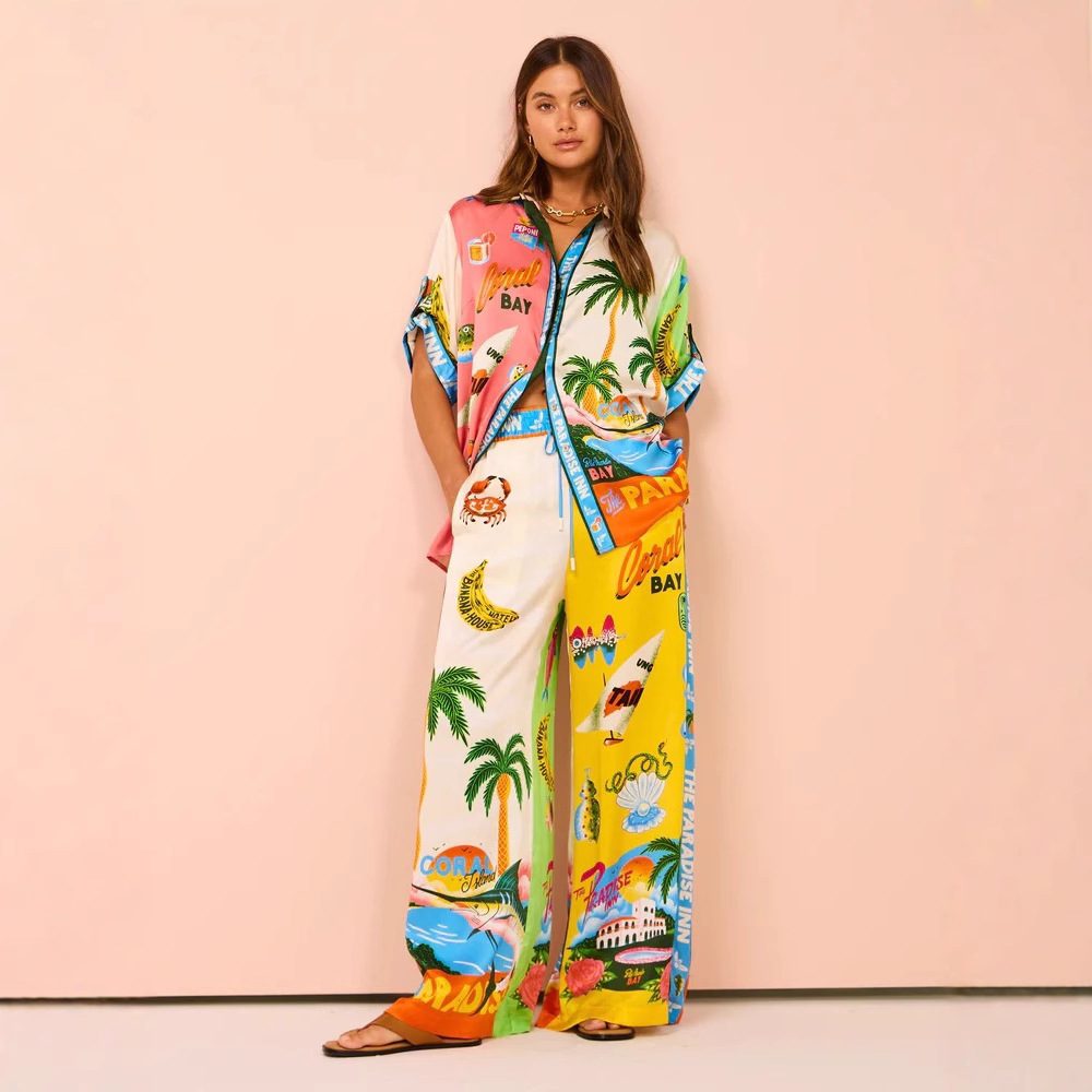 Europe and the United States cross-border 2024 independent station AliExpress fashion personality printed short sleeve color matching holiday leisure tether suit