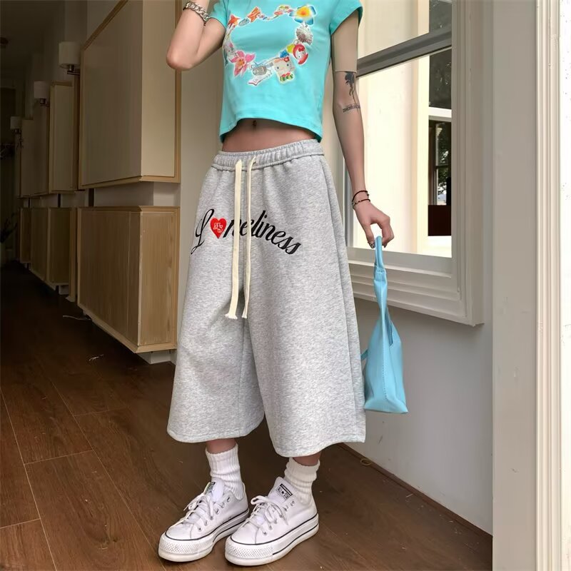 Grey Cropped Pants Women's Letter Love Fashion Brand Street Loose Lazy Summer American Straight Shorts 2025 Fashion